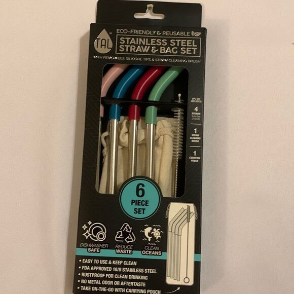 Eco-friendly and reusable stainless steel six piece straw and bag set. - Picture 1 of 6